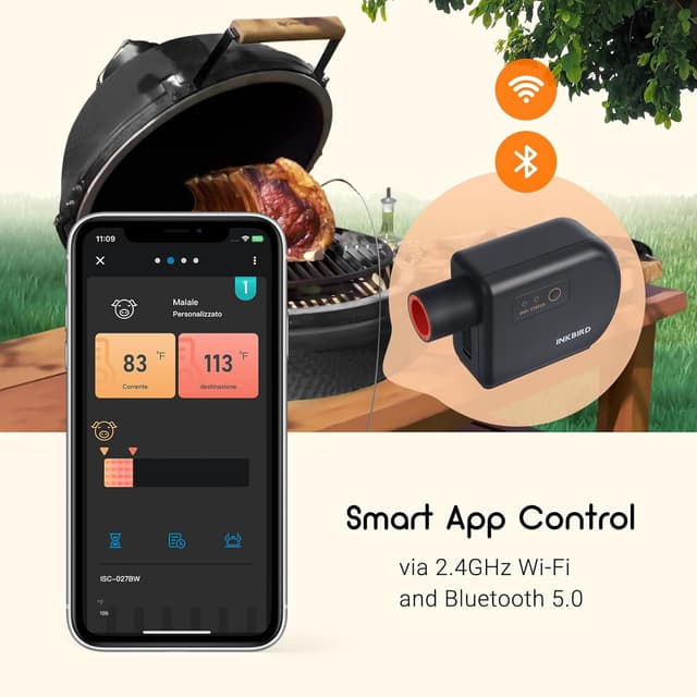 Detalle 2 de Inkbird Grillgebläse Bluetooth 5.1 & Wi‑Fi 2,4 GHz mit Smoker-Thermometer und 4 Sonden