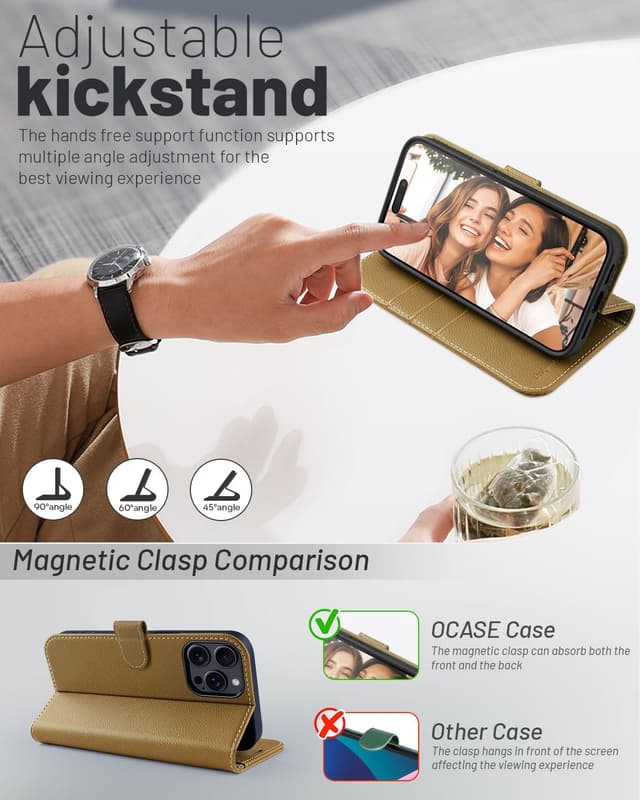 Detalle 2 de OCASE iPhone 16 Pro Hülle mit Kartenfach, Standfunktion und RFID-Schutz (PU Leder, Klapphülle) – Kupfer