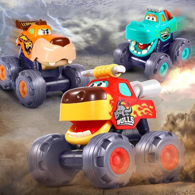 Detalle de OCATO Pull Back Monster Truck Toy Cars for 12–18 Months (3-Pack) — Gifts for 1-Year-Old Boys