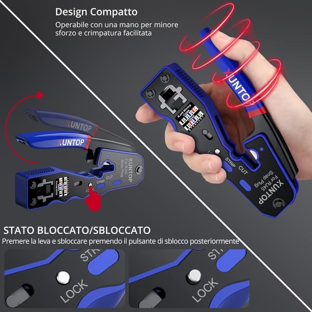 Detalle 2 de XUNTOP Pinza crimpatrice RJ45 pass-through con 20 connettori Cat6 dorati e accessori