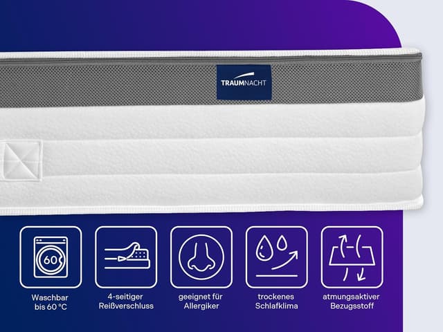 Detalle 2 de Traumnacht Exklusiv 7-Zonen 1.000er Tonnentaschenfederkernmatratze H3 (100 x 200 cm) – Testurteil „Gut“ 10/2023