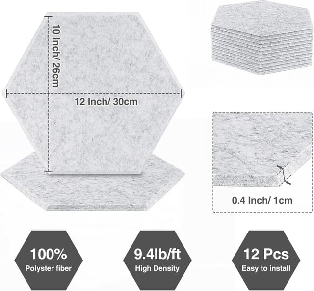 Detalle de JAMELO Akustikpaneele selbstklebend sechseckig (12er-Set) aus Polyester – Schallabsorber für Wand, Decke & Tür, Grau