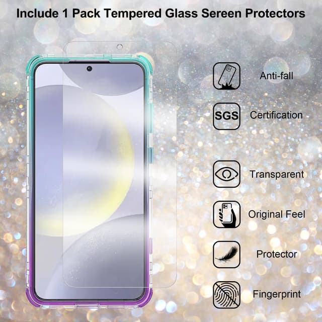 Detalle 2 de KJYLPO 360° Handyhülle für Samsung Galaxy S25 FE mit 1 Schutzfolie & 1 Kamera-Folie – Glitter Bling TPU Stoßschutz (Grün/Violett)