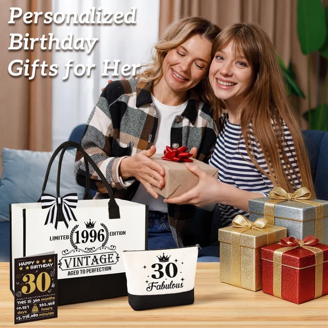 Detalle de 30th Birthday Gifts for Women: Vintage 1996 Canvas Tote & Make-up Bag Set (with card)