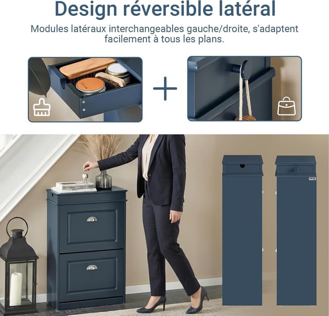 Detalle 2 de SoBuy Meuble à chaussures bleu mat avec tiroir, 2 abattants et crochets latéraux FSR78-B