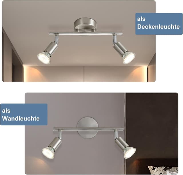 Detalle de Glitzerlife LED Deckenstrahler 2-flammig für Flur mit GU10, schwenkbar 330° (ohne Leuchtmittel) – silber