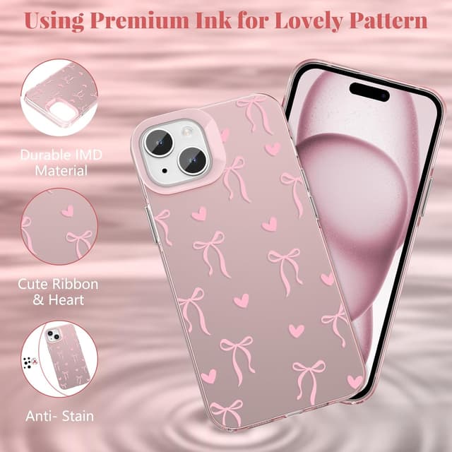 Detalle de ZTOFERA Rosa Hülle für iPhone 13/14 (6,1") mit Schleifen-Motiv – harte PC-Rückseite & TPU-Rahmen