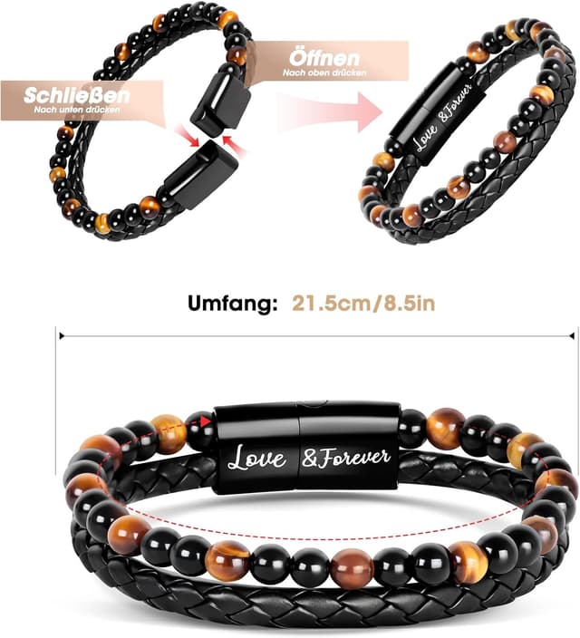 Detalle 2 de Focxoio Herrenarmband mit Tigerauge-Perlen und Leder, magnetischer Edelstahlverschluss – Geschenk für Papa, Sohn, Bruder & mehr