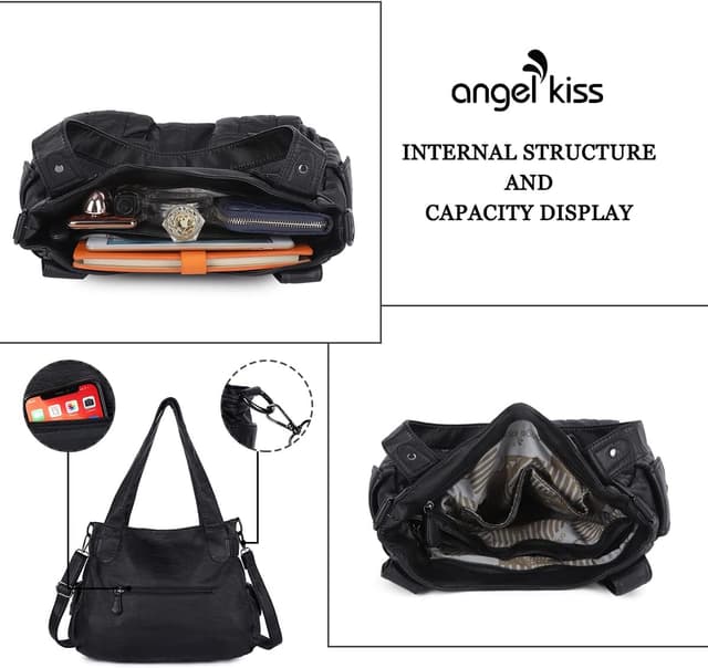 Detalle 2 de Angel Kiss 5739-1 Femme noir en cuir PU lavé – sac à bandoulière taille unique