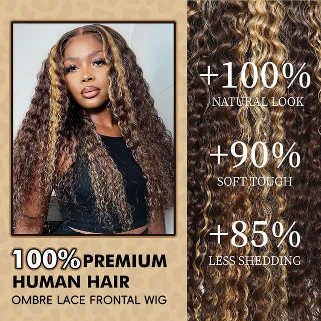 Detalle de Myzebo 32-Inch Ombre Lace Front Wig (13x6 HD Lace, Deep Wave, Honey Blonde Highlight)