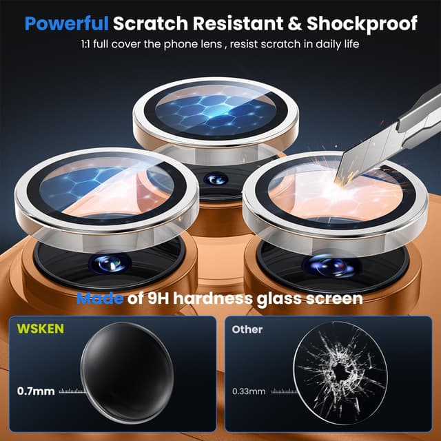 Detalle de WSKEN Tempered Glass Camera Lens Protector for iPhone 17 Pro / 17 Pro Max (9H, metal ring, clear)
