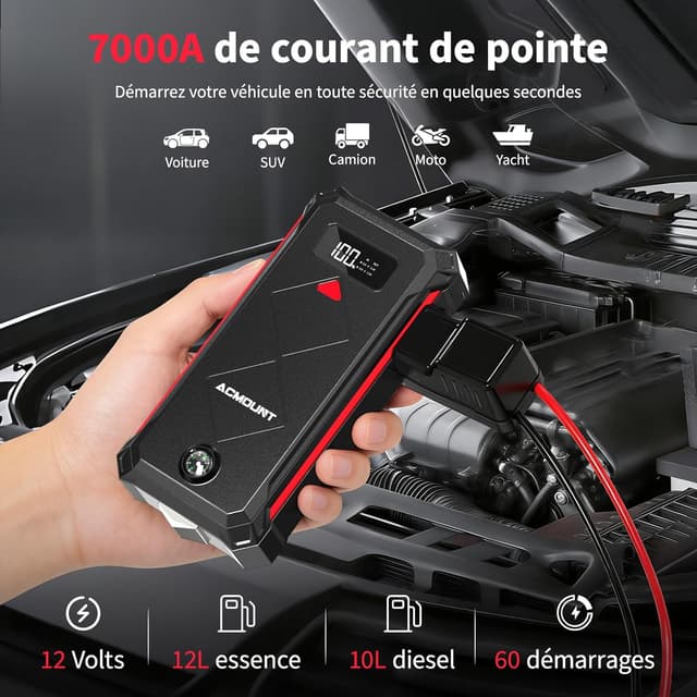 Detalle 2 de Acmount 7000A Booster Batterie Voiture 23800 mAh – démarreur 12 V avec pinces intelligentes, écran LCD et LED 3 modes