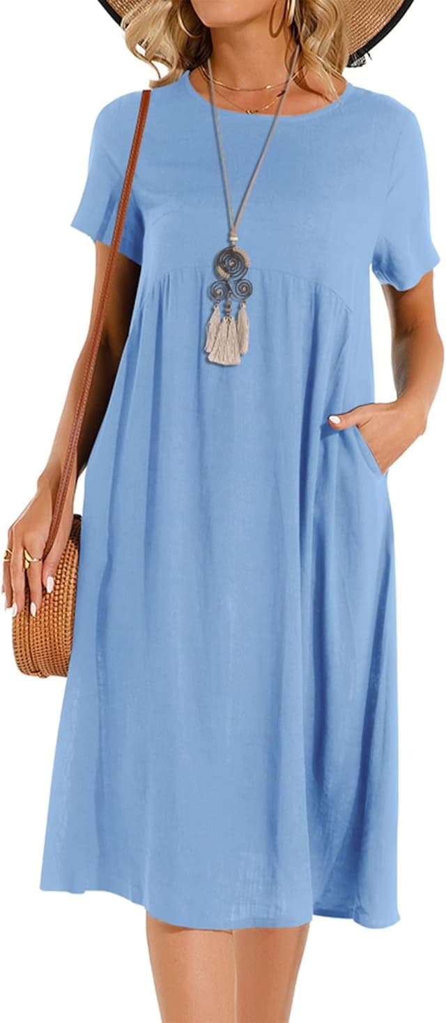 Detalle de Tincini Sommerkleid Damen Leinen-Mix mit V-Ausschnitt und A-Linie (Midikleid, Kurzarm)