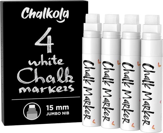 Detalle de Chalkola Kreidestifte Weiß (4 Kreidemarker) mit 15-mm-Spitze – abwaschbar für Fenster, Tafel & Tafelfolie