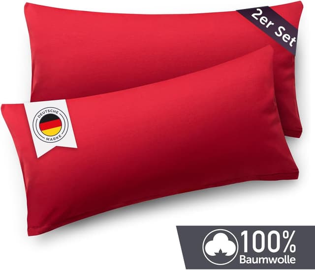 Detalle de Blumtal Kissenbezug 40 x 80 cm – 2er-Set Rot aus Baumwoll-Jersey, mit Reißverschluss