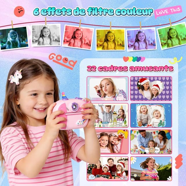 Detalle de Wootoyz Sofortbildkamera Einhorn – Kinderkamera mit Sofortdruck, 32 GB Karte, rosa