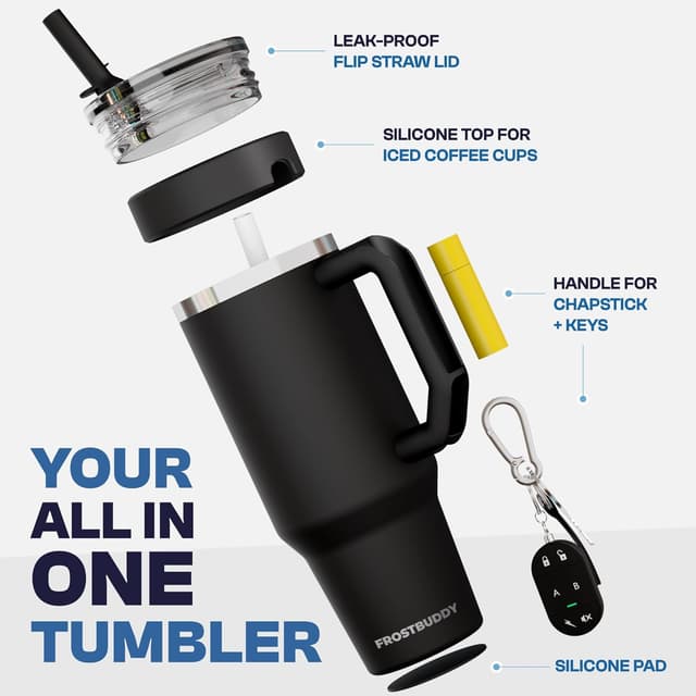 Detalle de Thicc Buddy 40 oz Double-Wall Stainless Steel Vacuum Tumbler (Black Floral) with Flip Lid and Straw