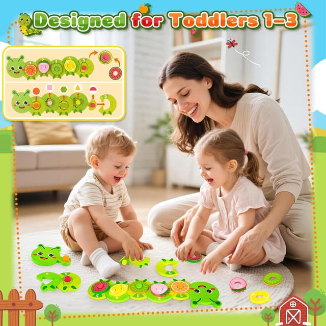 Detalle de Caterpillar Montessori wooden puzzle toy for 1–2 year olds (caterpillar colour sorting & shape matching)