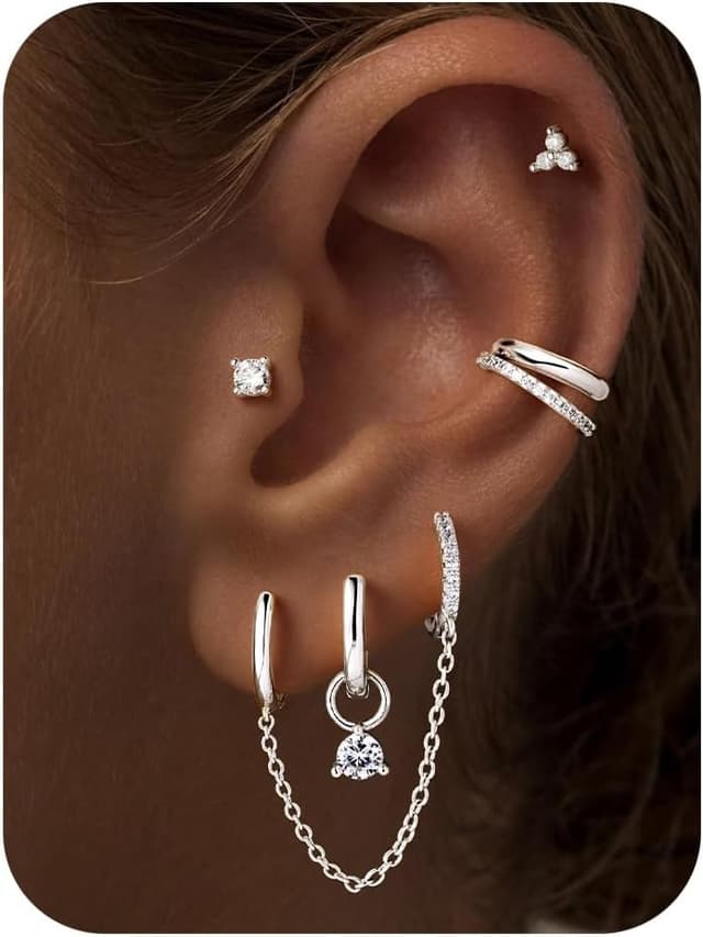 Detalle de TINGN Hypoallergene 14K vergoldete Creolen & Huggie Ohrstecker Set – 6er Pack für mehrere Piercings