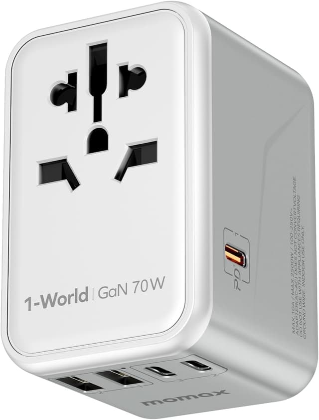 Detalle de MOMAX Universal Adapter Steckdose 70W GaN – Reiseadapter mit 3× USB‑C, 2× USB‑A und internationalen Steckertypen