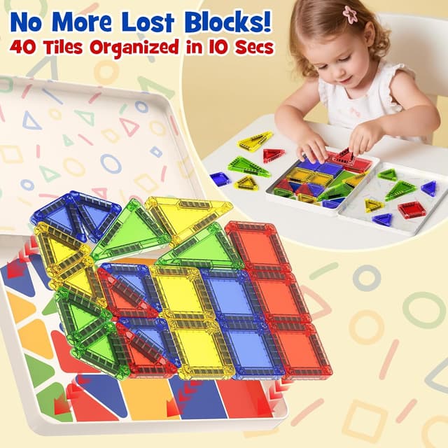 Detalle 2 de Magnetic Tiles Construction Set 42pcs in travel metal box – portable magnetic building blocks for ages 3+