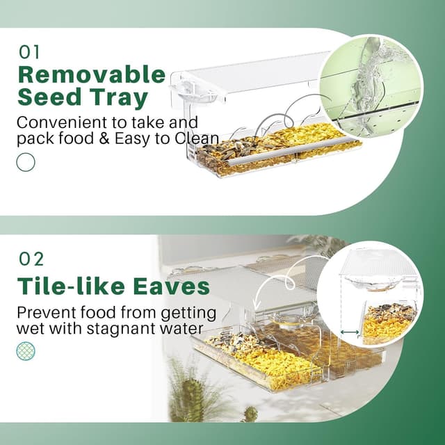 Detalle 2 de WELDUN Window Bird Feeder with clear plastic viewing, 2 water bowls and removable trays