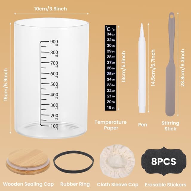 Detalle 2 de MICHIHOMIE Sauerteig Starter Gärglas-Set mit 900 ml Glas, Thermometerpapier & Holzdeckel