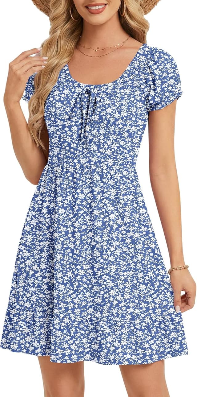 Detalle de AUSELILY Damen Sommerkleid mit Puffärmeln, hoher Taille und Taschen