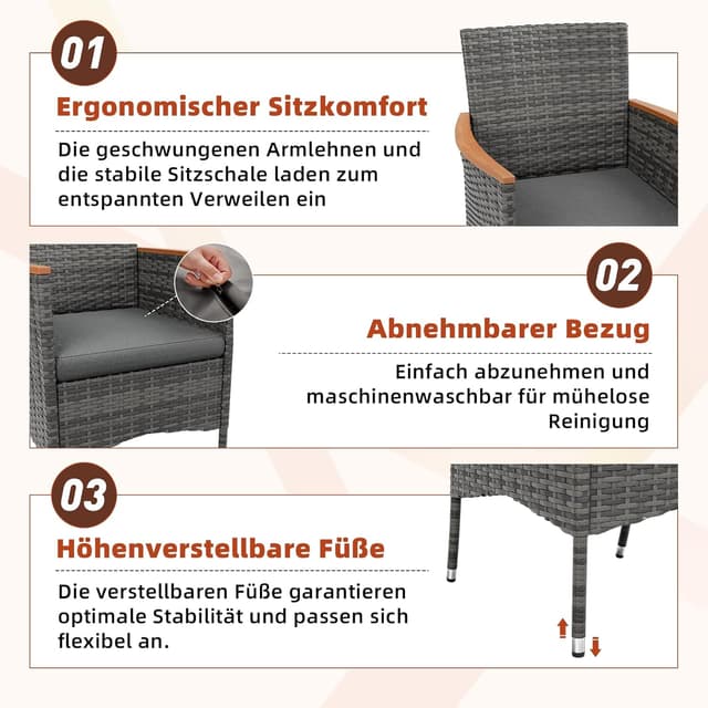 Detalle de UDPATIO Gartenstühle 2er-Set mit Kissen, wetterfestes Rattan und Hochlehner (Grau) – Outdoor Lounge für Balkon & Terrasse