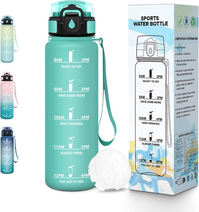 Thumbnail 6 de Baramumu Borraccia Sport 1000 ml senza BPA con indicatore del tempo e citazioni motivazionali – blu & verde