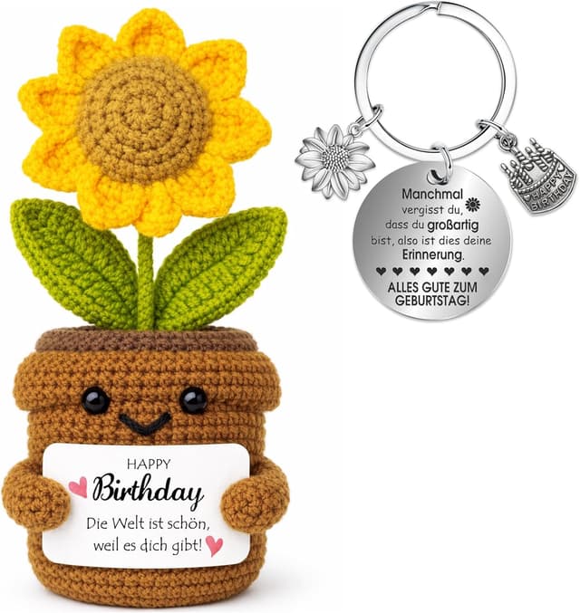 Detalle de Farbeele Positive Sonnenblume & Glücksbringer-Schlüsselanhänger (Pocket Hug Figur) – Geburtstagsgeschenk mit Wunschkarte