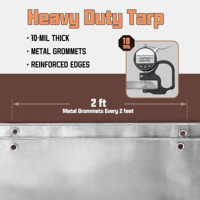 Detalle de 30 x 50 ft Waterproof Heavy-Duty Tarp (10 Mil) – PE Plastic Insulated Cover with Rust-Proof Grommets, Silver/Brown