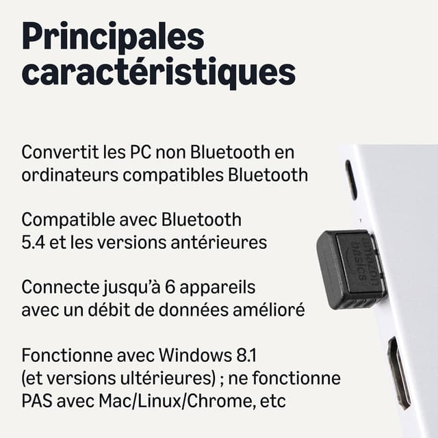 Detalle 2 de Amazon Basics adaptateur USB Bluetooth 5.4 pour PC (dongle/récepteur) pour souris, clavier et ordinateurs portables