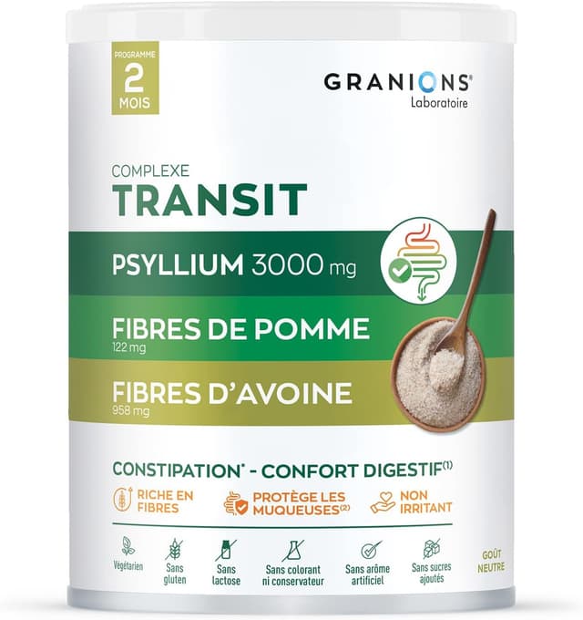 Detalle de GRANIONS Complexe Transit Psyllium 3 g (fibres de pomme et avoine) + vitamine B2, sans gluten — Cure de 2 mois