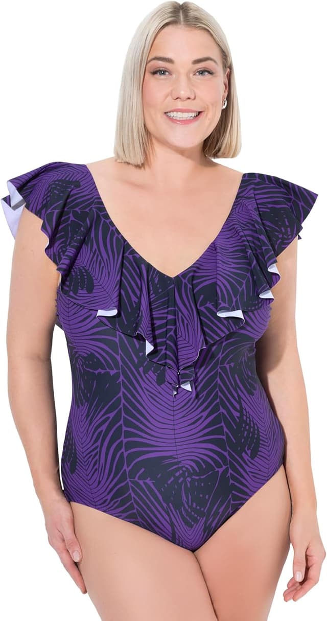 Detalle de Ulla Popken Plus Size Badeanzug mit Schlangenmuster, Softcups und Volant