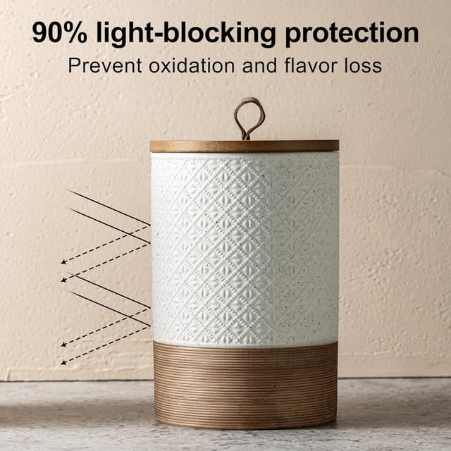 Detalle 2 de Miamolo Large Ceramic Coffee Canister with Airtight Wooden Lid (28 fl. oz), Stackable White Storage Jars