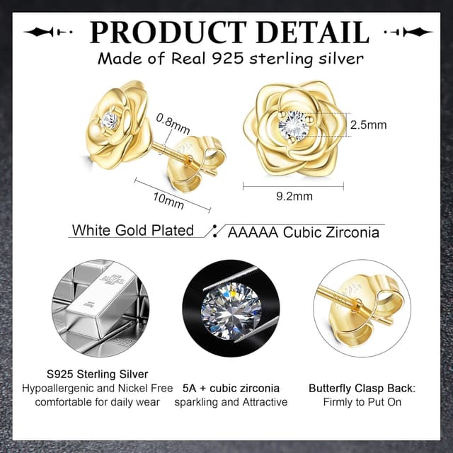 Detalle 2 de JeweBella Kleine Rosen Ohrstecker aus Sterlingsilber 925 mit 5A+ Zirkonia