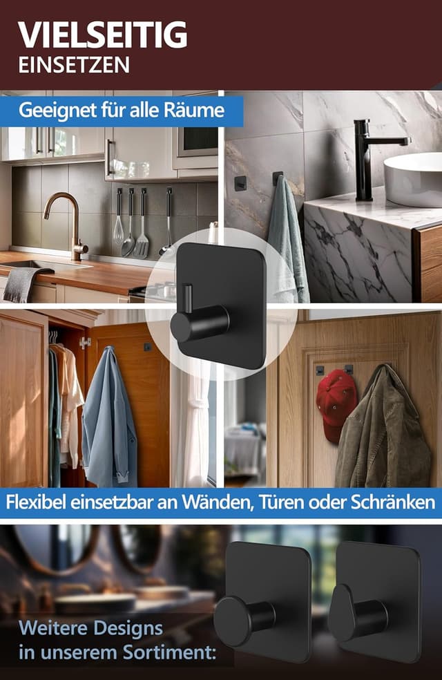 Detalle de 4smile Handtuchhalter ohne Bohren (6er-Set) – selbstklebende Handtuchhaken aus 304 Edelstahl, schwarz