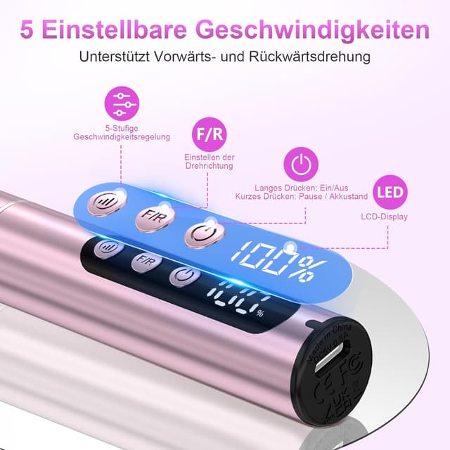 Detalle 2 de POFIBO kabellose elektrische Nagelfeile (Nagelfräser) – 35.000 U/min, 5 Geschwindigkeiten, 12-in-1 Set in Rosa