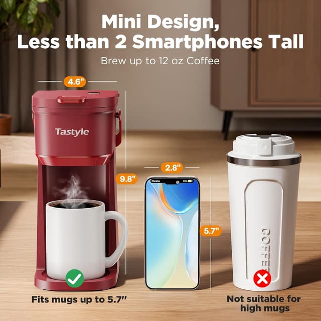 Detalle de Tastyle Single Serve One Cup Coffee Maker (for K-Cups and Grounds) — 6 to 12 Oz, Mini Travel Brewer, Vintage Red