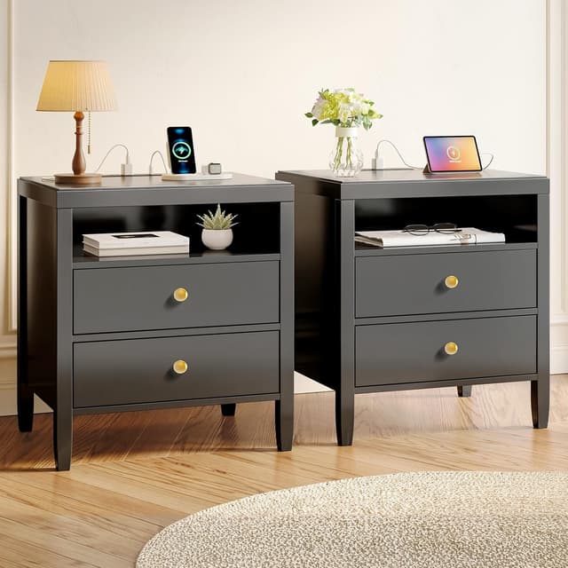 Detalle de Huuger Black Nightstand Set of 2 Charging