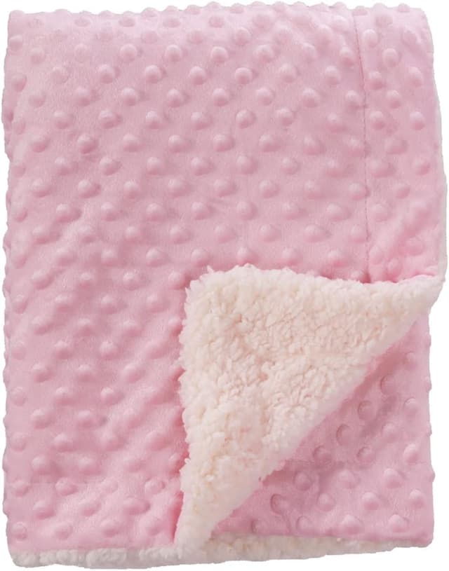 Detalle de CREVENT Gemütlicher Fleece-Überwurf mit Sherpa-Rückseite (Babydecke) – 75 x 100 cm, rosa Punkte