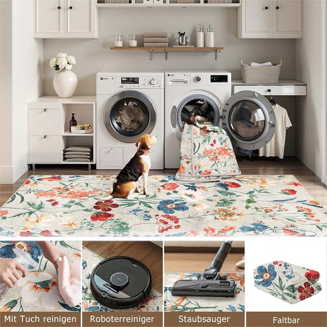 Detalle de Beige waschbarer Teppich mit Blumenmuster 120x170 cm – kurzflor, rutschfest für Wohn- und Schlafzimmer