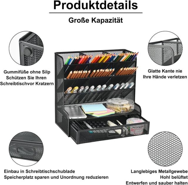 Detalle de Marbrasse Mesh Desk Organiser with Drawer (9 Compartments) for Pens, Stationery & Small Supplies