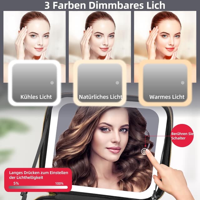 Detalle de Suupvaor Reisekosmetiktasche mit beleuchtetem Spiegel und 3 Farbmodi (dimmbares Licht)