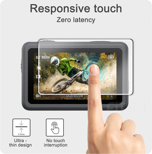 Detalle de FiTSTILL Tempered Glass Screen Protector Set for DJI Osmo Action 5 Pro/4/3 (9-pack) with Silicone Lens Cover