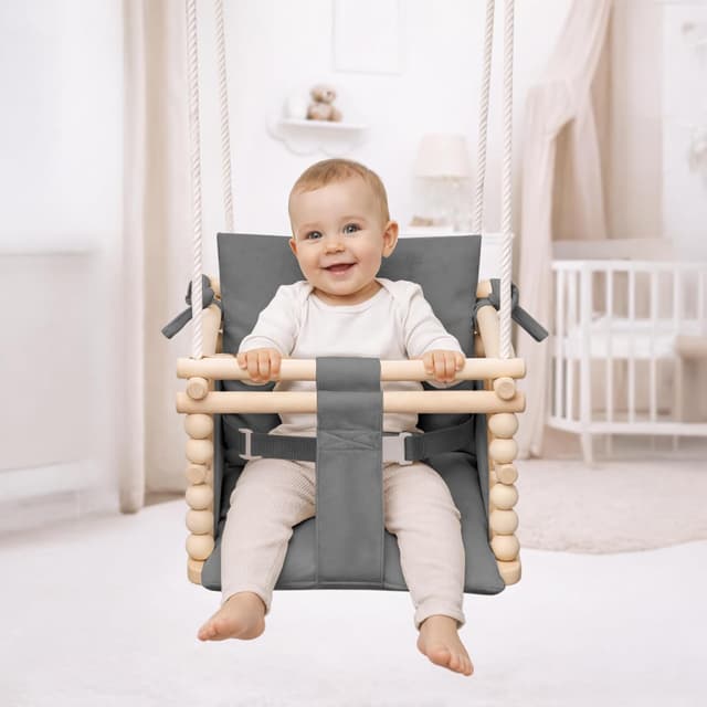 Detalle 2 de MAMOI Altalena per bambini Baby swing 3 in 1 in legno (per casa e porta), fino a 25 kg