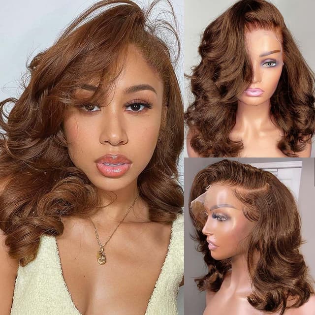 Detalle de Body Wave 13x6 HD Lace Front Wig (Human Hair) 200% Density Bob Wig, Glueless 14 inch Loose Wavy
