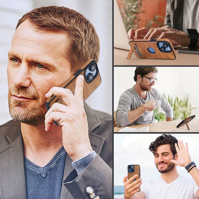 Detalle de KSELF Leather Case for iPhone 14 Plus with Built-in Invisible Kickstand (Brown)