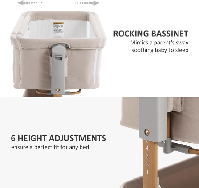 Detalle de 3 in 1 Baby Bassinet (Rocking + Bedside Sleeper) with 6-Height Adjustment, Breathable Mesh & Storage Basket